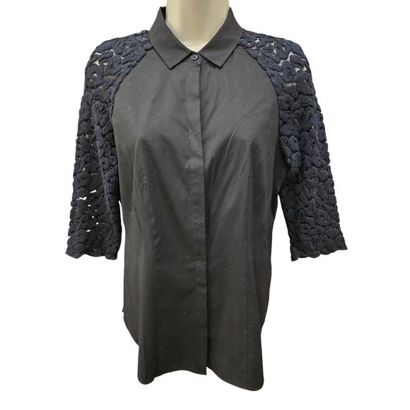 Lafayette 148 black lace half sleeve accent black button front euc work shirt 2 - Picture 1 of 6